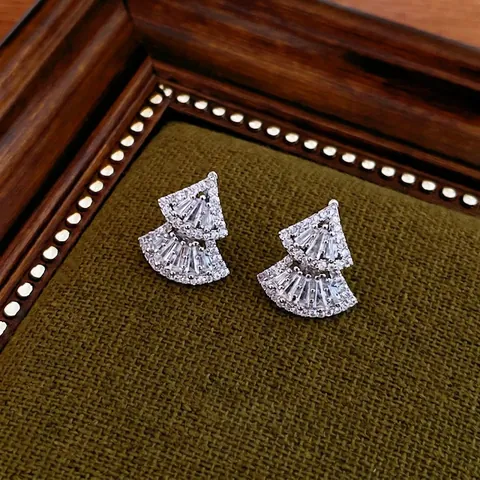 Elegant Double Layer Fan Shaped Zircon Earrings With Silver Earring Post Copper Base Jewelry For Women
