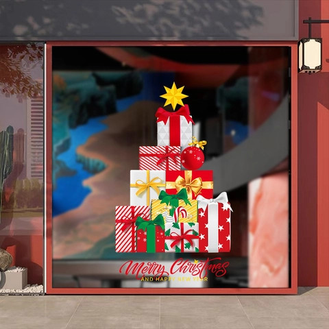 Adesivi Finestra Natale PVC Statico Doppia Faccia Scatola Regalo Forma Albero Buon Natale Decalcomanie Per Porta Vetro Negozio