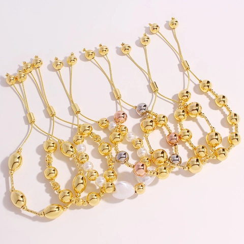 18k Gold Plated Copper Bead Bracelet For Women Baroque Imitation Artificial Pearl Heart Charm Adjustable Pull Cord Fashion Jewelry