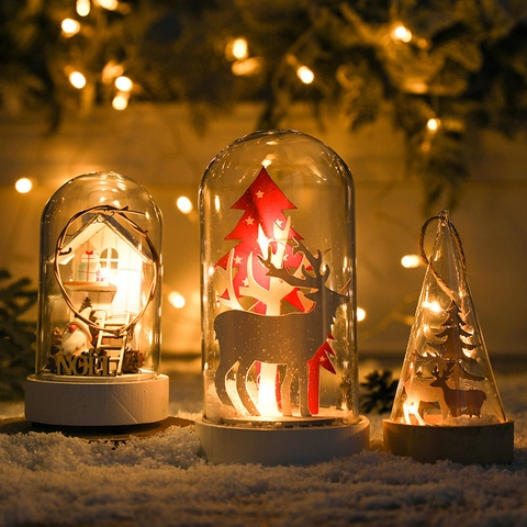 Christmas Glass Dome Ornament Warm LED Light Wooden Base Miniature Landscape Snow House Reindeer Gnome Desktop Decoration