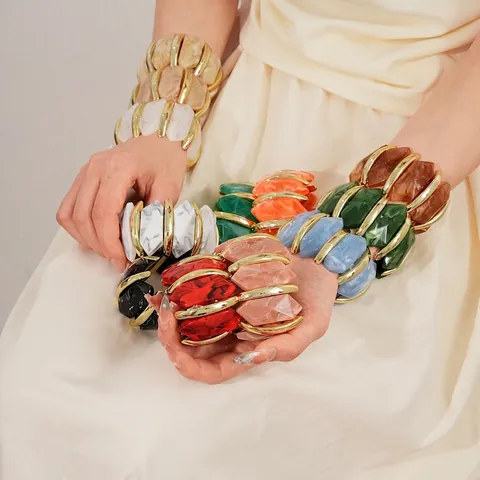 Bracciale Elastico Geometrico Spesso Resina Acrilica Texture Marmo Lega Bangle Gioielli Boho Retrò Per Donne