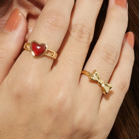 Anillo Corazón Acero Inoxidable Chapado En Oro 18K Ágata Roja Incrustada Banda Abierta Ajustable Joyería Elegante