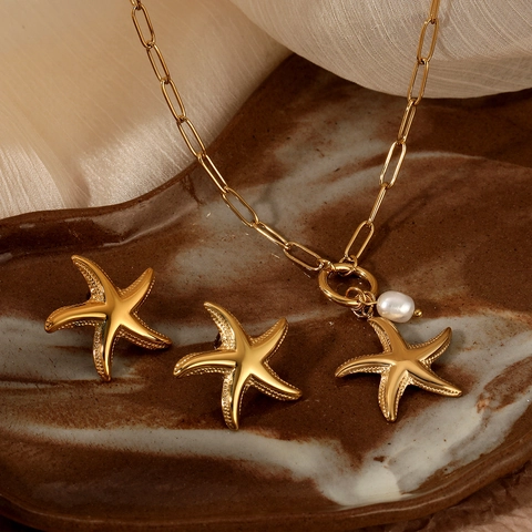 Starfish Jewelry Set 316 Stainless Steel PVD Gold Plated With Artificial Pearl Necklace Earrings Ring Ocean Vacation For Women
