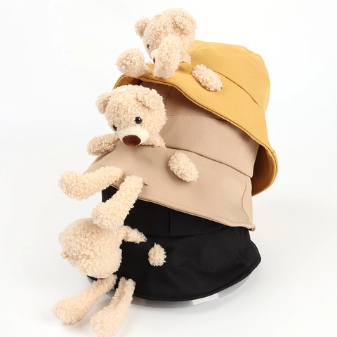 Süßer Baumwoll Fischerhut Mit 3D Plüsch Teddybär Dekoration Koreanischer Stil Sonnenschutz Faltbare Sonnenhut Für Damen