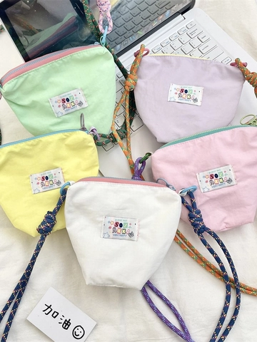 Women Mini Crossbody Bag Polyester Canvas Phone Pouch With Colorful Braided Rope Strap Casual Solid Color Fashion