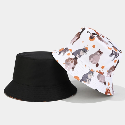 Bucket Hat Reversible Cartoon Animal Print Polyester Sun Protection Outdoor Casual Fisherman Cap For Men Women