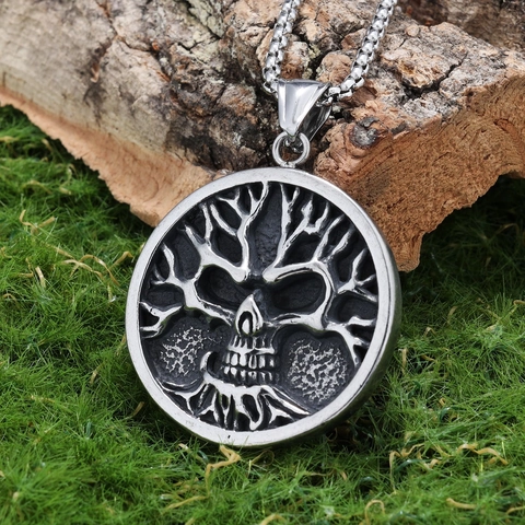 Tree Of Life Skull Round Pendant Necklace Stainless Steel Gothic Punk Hip Hop Jewelry For Men Women