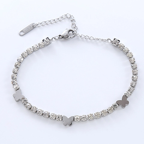 Butterfly Rhinestone Bracelet Women Stainless Steel Shiny Tennis Chain Adjustable Jewelry Elegant Niche Charm Link
