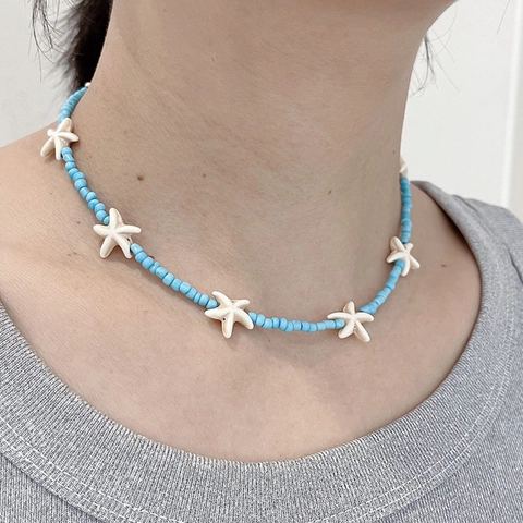 Bohemian Handmade Beaded Starfish Pendant Necklace For Women Beach Style Mother Of Pearl Clavicle Chain Jewelry