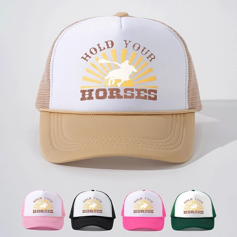 Hold Your Horses Retro Trucker Hat Polyester Mesh Ademend Verstelbaar Western Horse Rider Print Baseball Cap
