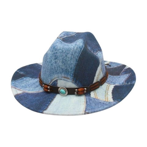 Patchwork Denim Fedora Hat Western Cowboy Retro Wide Brim Ethnic Cotton With Faux Leather Wood Beads Turquoise Accent