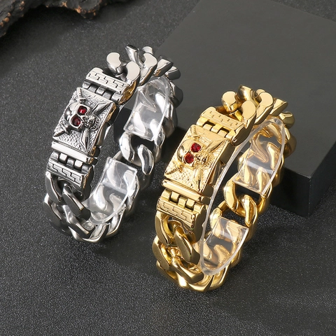 Bracciale Uomo Acciaio Inossidabile Teschio Occhio Rosso Maglia Cubana Punk Gotico Retro Gioielli