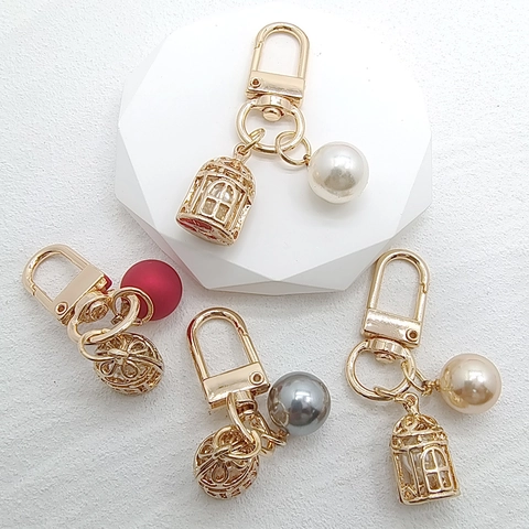 Korean Fashion Alloy Birdcage Artificial Pearl Keychain Exquisite Metal Pendant Bag Charm For Women Versatile Key Ring