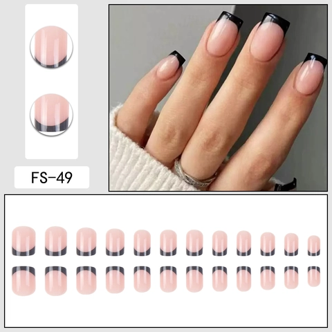 Press On Nails French Tip Black Edge Square Fake Nails Medium Length Nude Pink Artificial Finger Nails For Women