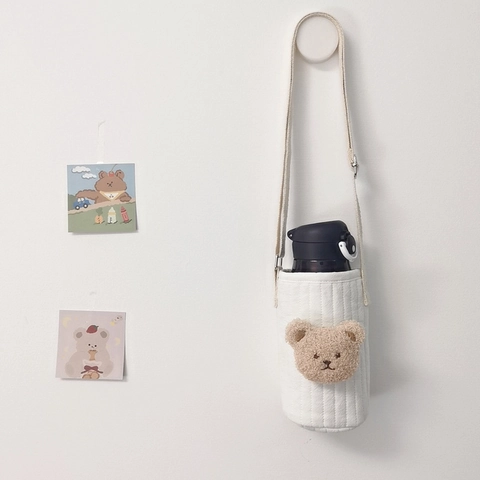 Korean INS Style Quilted Cotton Water Bottle Sleeve Bag With Adjustable Strap Embroidered Animal Bear Rabbit For Kids