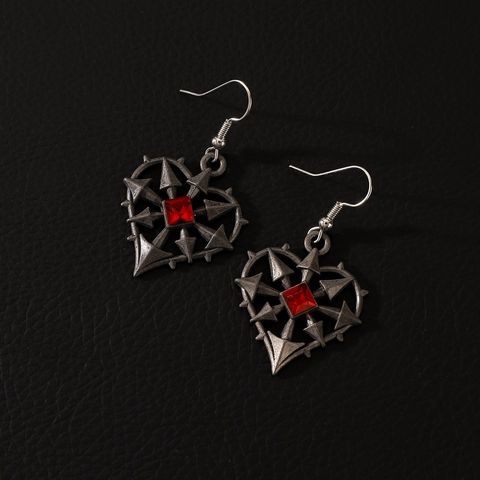 Set Joyería Gótico Punk Aleación Cobre Corazón Pendientes Collar Anillo Plata Antigua Rojo Zirconia Espinas para Halloween Mujer