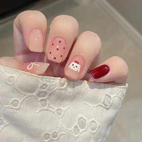 Press On Nagels Glanzend Kunstnagels Met Schattige Hond Polka Dot Witte Strik Voor Dames Korte Vierkante Vorm