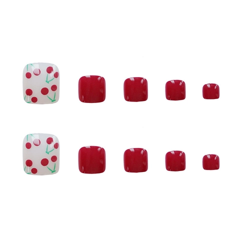 Red Press On Toenails Cherry Pattern Removable Resin Fake Nails Sweet Cute Pedicure For Women