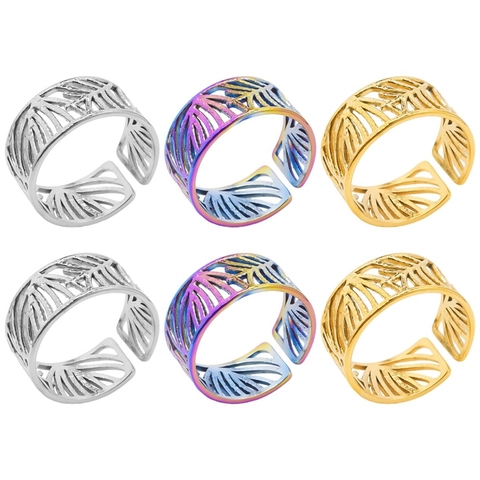 304 Stainless Steel Hollow Leaf Adjustable Open Ring Minimalist Geometric Line Finger Ring For Men Women Fashion Jewelry
