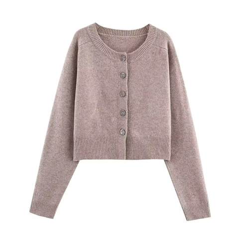 Women Round Neck Knit Cardigan Long Sleeve Button Down Ribbed Cropped Sweater Casual Solid Color Top
