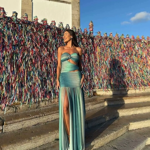 Abito Lungo In Mesh Sfumato Da Donna Tubino Cutout Spacco Alto Decorazione Stella Marina Spiaggia Vacanza Estate Arricciato