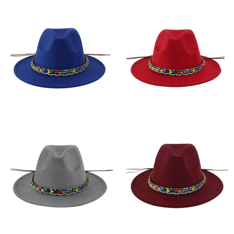 Fedora Hat Polyester Felt Wide Brim With Colorful Beads Ethnic Woven Band Bohemian Style Jazz Hat For Women Men