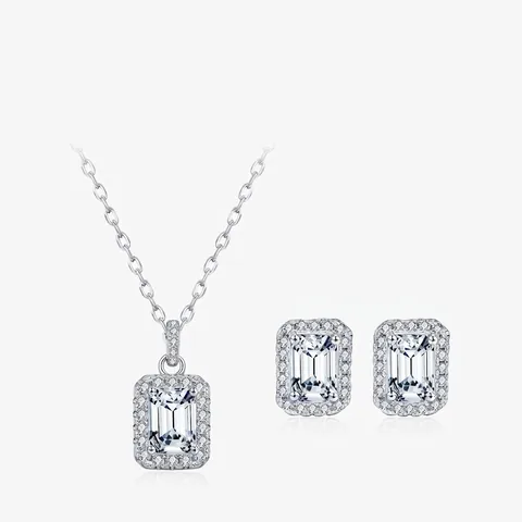 925 Sterling Silver Moissanite Jewelry Emerald Cut Halo Pendant Necklace And Stud Earrings Women French Retro Style