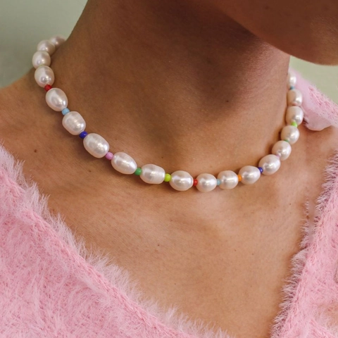 Bohemian Freshwater Pearl Necklace With Colorful Glass Beads Handwoven Women Beach Jewelry Gold Plated Adjustable Chain