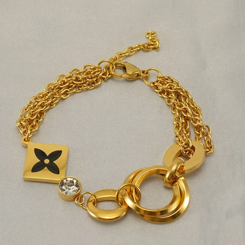 Mehrlagiges Edelstahlarmband Mit 18K Vergoldetem Zirkonia Quadratischem Anhänger Und Ineinandergreifenden Ringen Modeschmuck Damen Luxus