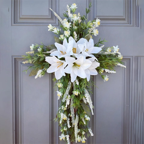 Artificial Lily Flower Cross Wreath Satin White Lilies Greenery Door Hanging For Easter Wedding Religious Memorial Decor