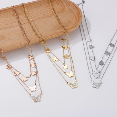 Collier Pendentif Papillon À Trois Couches En Acier Inoxydable Incrusté De Strass Bijoux Multi Rangs Pour Femmes