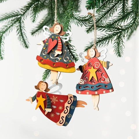 Ornamenti Appesi Angelo Di Natale Legno Dipinto Stelle Cuori Intagliati Decorazione Albero Festivo Stile Nordico Pendenti