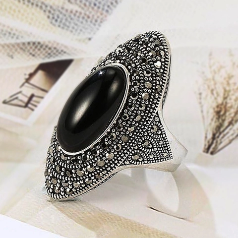 Vintage Bohemian Ring Black Oval Faux Stone Antique Silver Alloy Marcasite Style Baroque Jewelry For Women