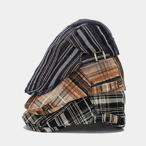 Gorra Plana Vintage De Cuadros Y Rayas Algodón Newsboy Ivy Hat Con Hebilla De Metal Ajustable Para Hombre Y Mujer