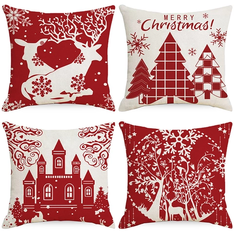 Funda De Cojín De Navidad Funda De Almohada De Lino Estampado Reno Copo Árbol Cuadrada Decoración Sofá Moderno