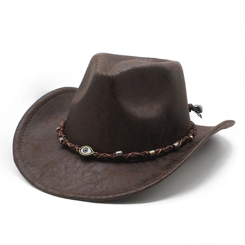 Western Cowboyhoed Vintage Imitatieleer Gecraqueleerde Textuur Evil Eye Gevlochten Band Brede Rand Jazz Pet Unisex