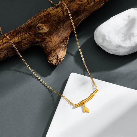 Minimalistische Edelstahl Bambusknoten Anhänger Halskette Für Damen Vergoldet Blatt Charm Mode Schmuck Box Kette Halskette