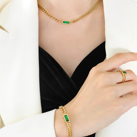 Titanium Steel Necklace And Bracelet Women Rectangular Zircon Double Layer Chain 18K Gold Plated Retro Luxury Style