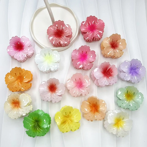 Pinza per Capelli a Fiore Elegante da Donna Resina Ibisco Sfumata Clip a Squalo Accessori per Capelli alla Moda