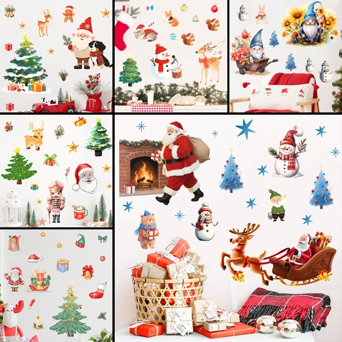 Christmas Wall Stickers PVC Removable Watercolor Santa Claus Reindeer Snowman Decals Holiday Home Decor