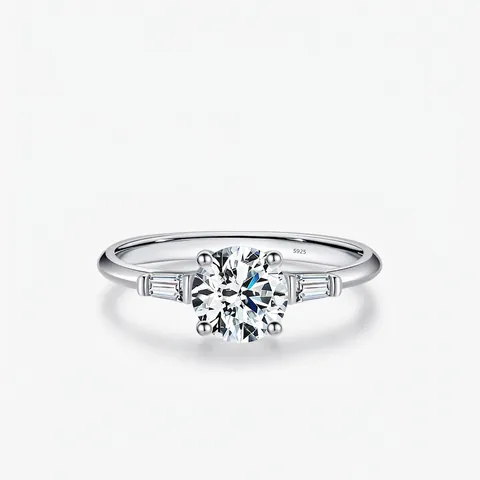 925 Sterling Silber Ring Für Damen Mit Rundem Moissanit Und Baguette Zirkonia Drei-Steine Eleganter Schmuck