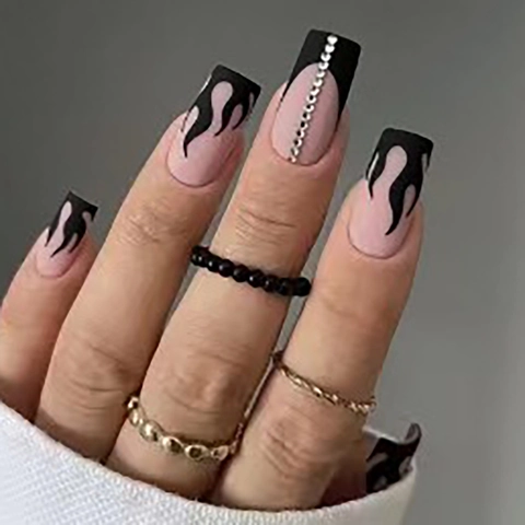 Matte Press On Nails Black Flame Long Square False Nails Pink Black Rhinestone Fake Nails Artistic Manicure