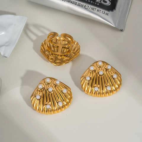 Stainless Steel Ocean Shell Artificial Pearl Earrings And Adjustable Ring Luxury Elegant Gold Plated Waterproof Hypoallergenic For Women