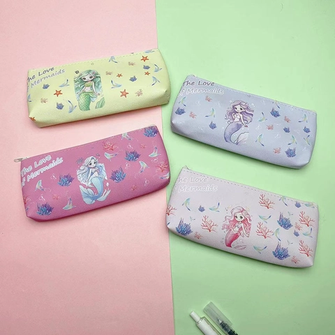 Cartoon Cute Pencil Case PU Leather Large Capacity Stationery Bag Astronaut Mermaid Dinosaur Zippered For Kids School