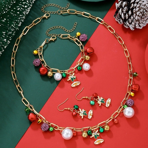 Christmas Jewelry Necklace Bracelet And Earrings Alloy With Colorful Bells Artificial Pearls Holiday Party Fashion For Women