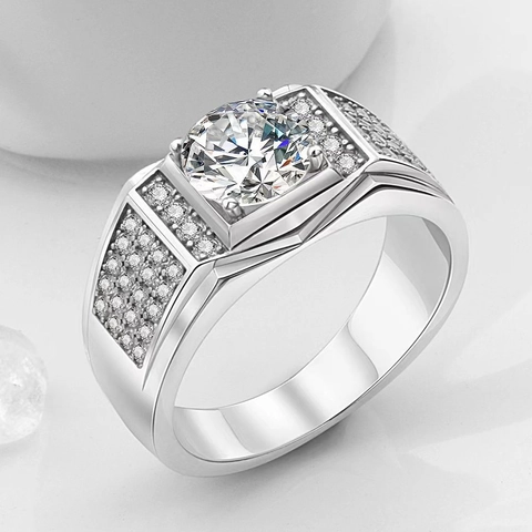 Luxury Men Alloy Ring With Large Round Zircon And Multi-row Rhinestones Wide Band Trendy Geometric Jewelry