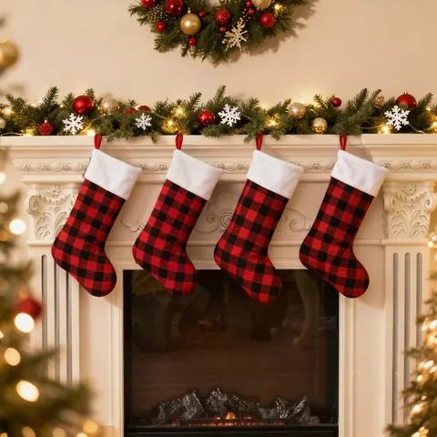 Chaussettes De Noël Motif À Carreaux Buffalo Avec Bordure En Peluche Fausse Fourrure Blanche Ornement Suspendu Décoration De Fête