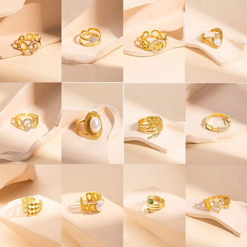 Anello Regolabile Di Moda Acciaio Inossidabile Placcato Oro Stella Cava Cuore Geometrico Intarsiato Di Strass Design Donna
