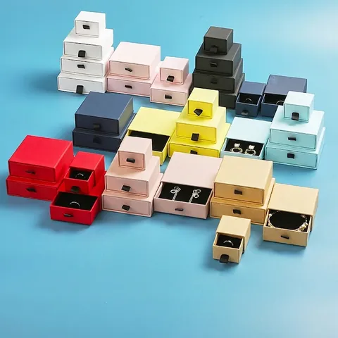 Jewelry Box Cardboard Drawer Style Gift Packaging With Ribbon Pull And Sponge Insert For Earring Necklace Storage Case