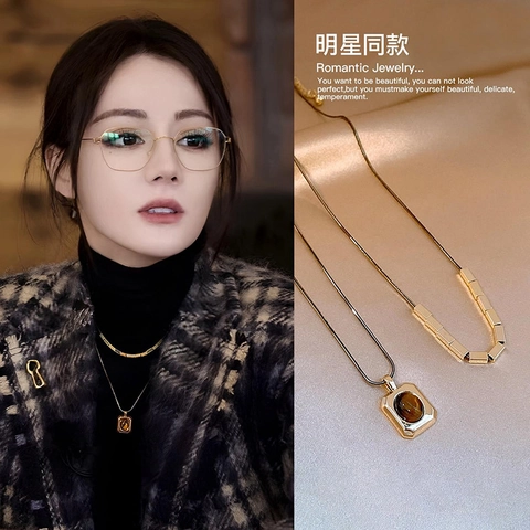 Collana Vintage In Rame Placcato Oro 18 Carati Con Ciondolo Geometrico In Pietra Occhio Di Tigre Doppio Strato Gioielli Eleganti Da Donna